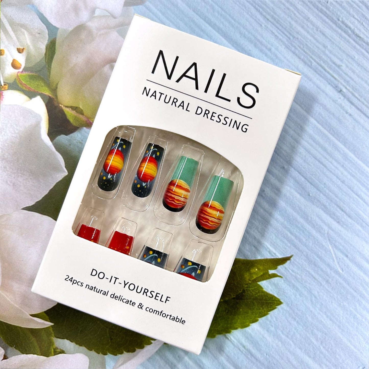 CJDLTS Planet Press on Nails Medium Ballet Shaped Colorful Planet Pattern Design Full Cove Glossy Acrylic Fake Nail Artificial Press Ons Stick on Nails DIY Reusable Glue on Nails for Women 24Pcs