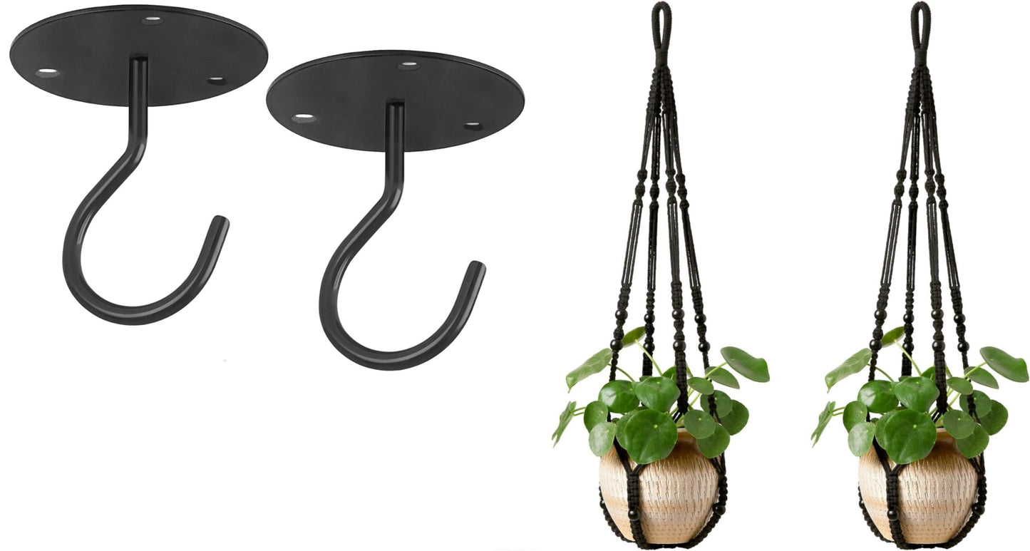 Mkono Macrame Plant Hanger Indoor Hanging Planter Basket and Ceiling Hooks, Wood Beads Decorative Flower Pot Holder for Indoor Outdoor Boho Home Decor, Black，Set of 2