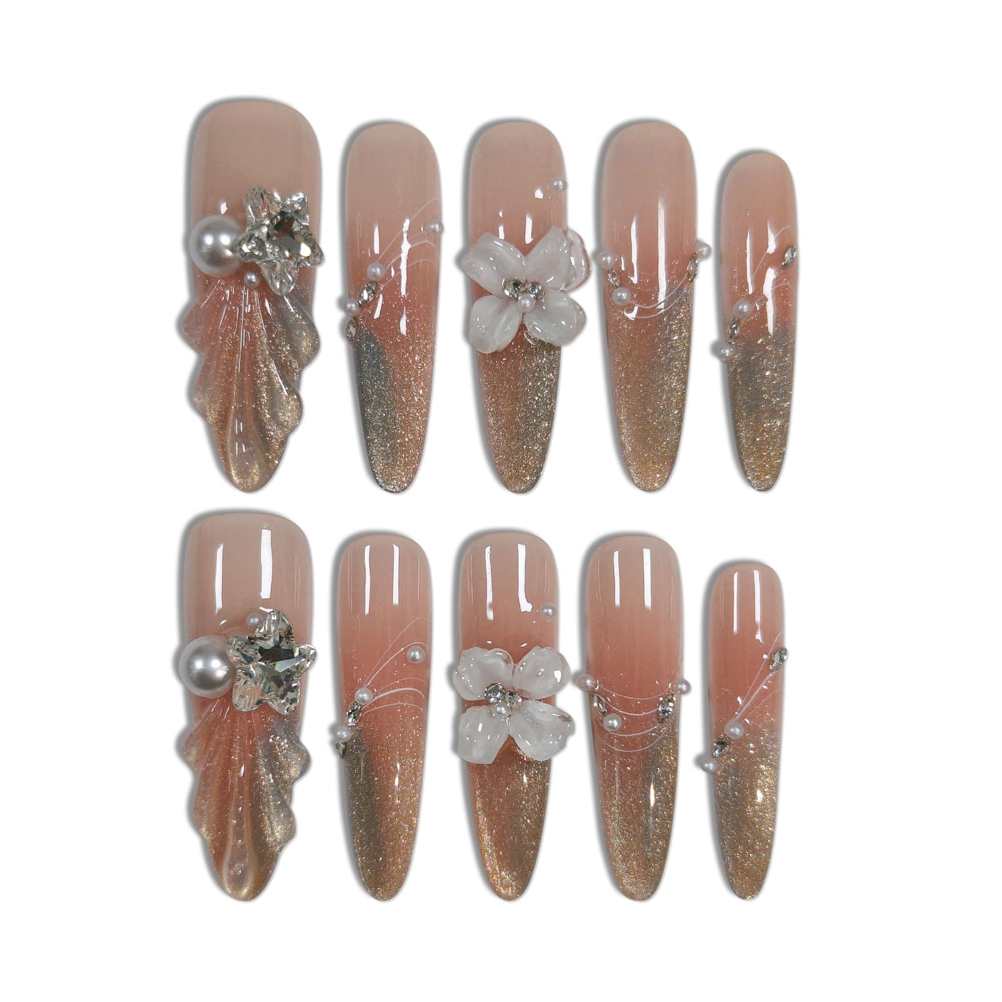 TENPAL Cat Eye French Tips Press on Nails Long Stiletto- Icy Glitter & Pearl Sweet Design, with Hand Carving, Reusable & Glossy False Nails for Effortless Glam(S)