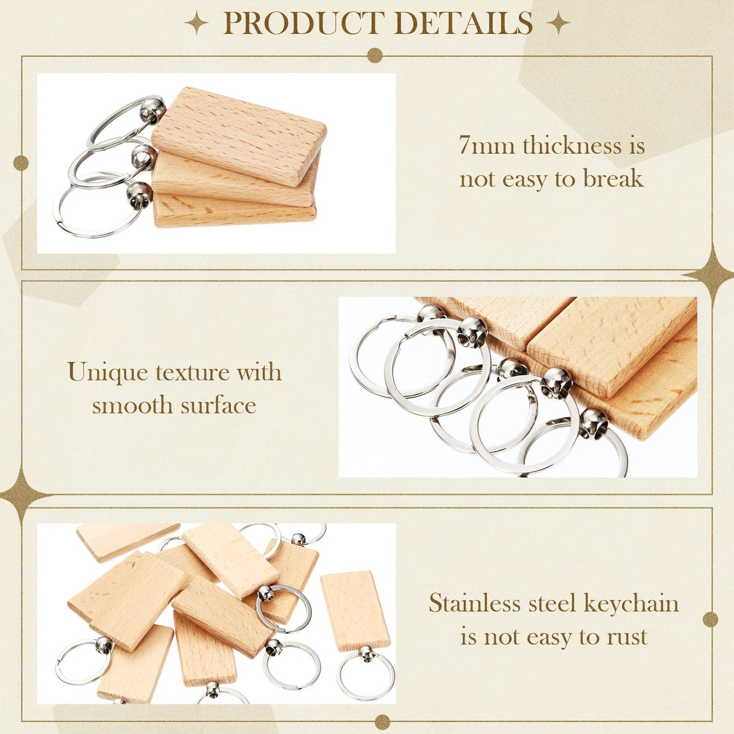 Bucherry 200 Pcs Wooden Keychain Blanks Wood Key Chains Bulk Laser Engraving Wooden Keychain Blanks Unfinished Rectangle Key Ring Tag for DIY Gift Crafts