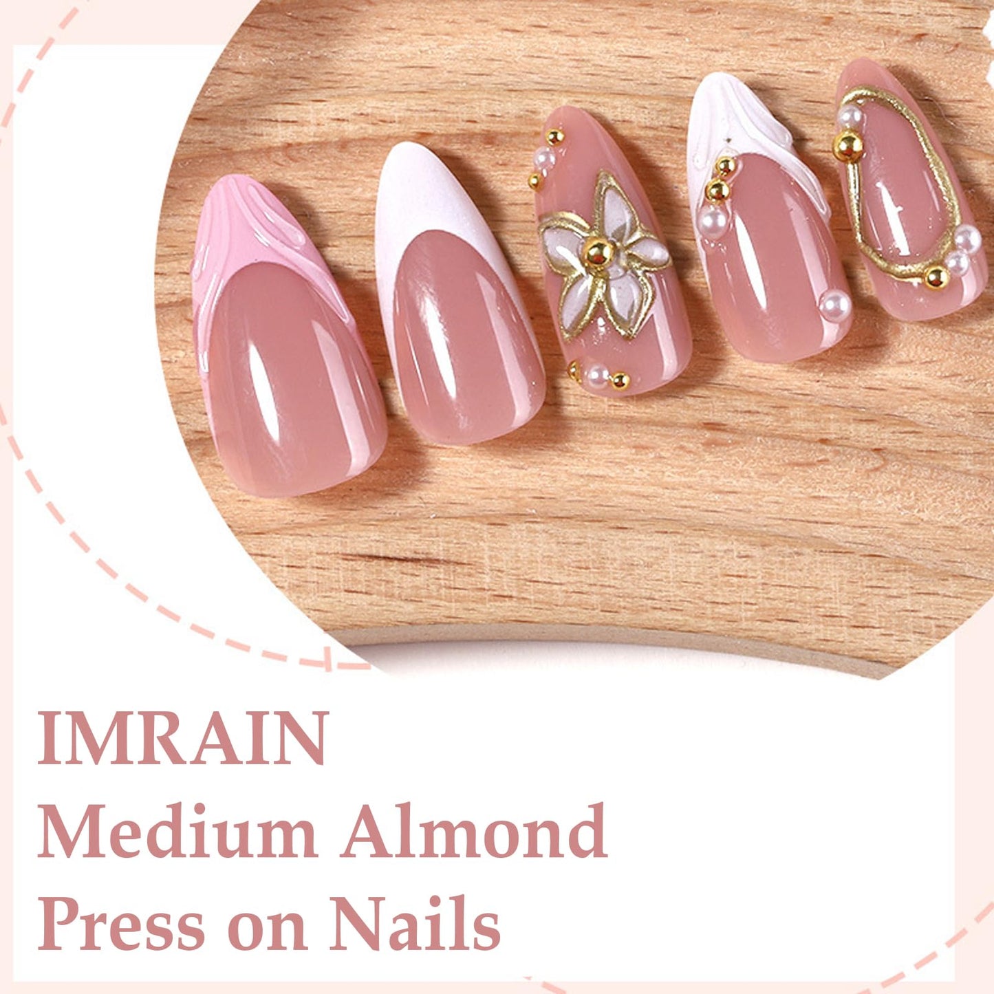 IMRAIN Pink Press on Nails Almond Medium Fake Nails with 3D Golden Flower Designs Glossy Gel Acrylic False Nails 24Pcs Glue on Nails for Women