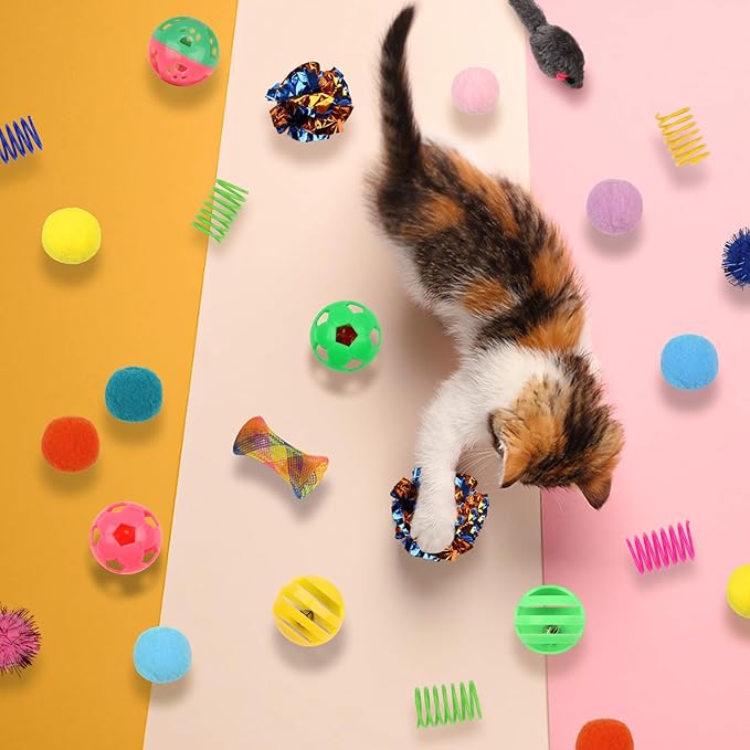 QUOZUO Kitten Toys, 60PCS Cat Balls Springs Toy Set, Cat Mouse Toy, Kitten Sparkle Crinkle Balls Furry Soft Pom Pom