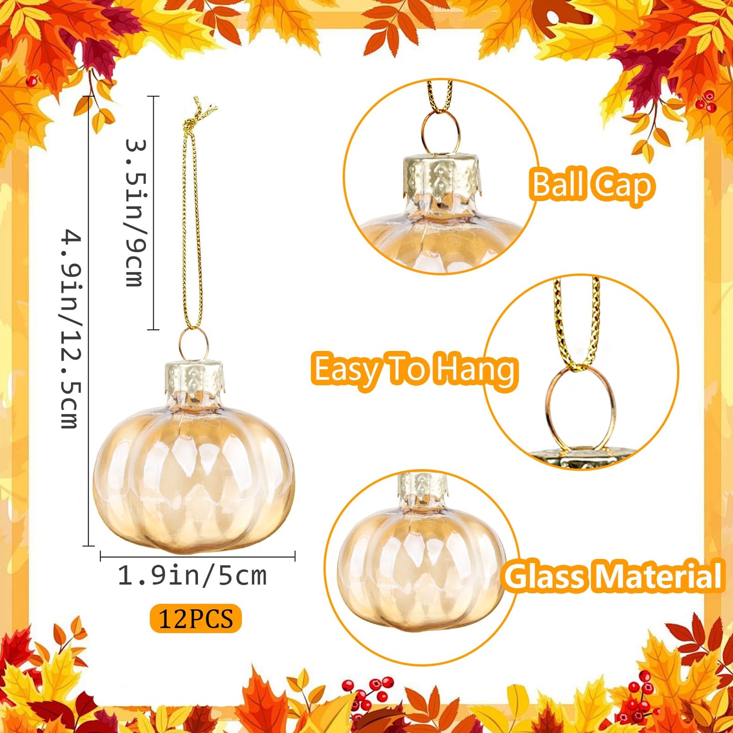 YiYa 12 Pcs Fall Pumpkin Ornaments Glass Pumpkin Hanging Ornaments for Tree Thanksgiving Tree Ornament Set for Autumn Thanksgiving Halloween Xmas Home Decoration