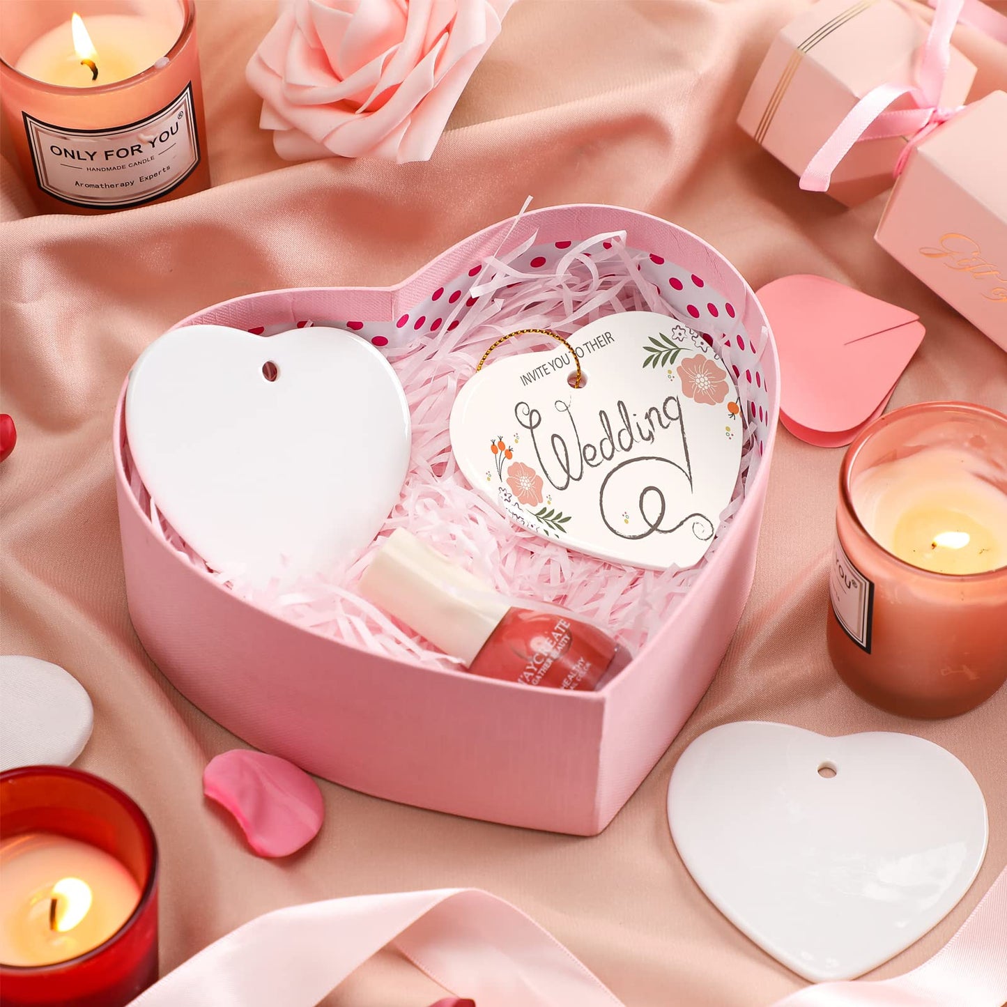 WILLBOND Heart Sublimation Blank Ceramic Ornament 3 Inch White Heart Ceramic Ornament with Gold String for Valentine DIY Crafts Valentine's Day Personalized Decorations