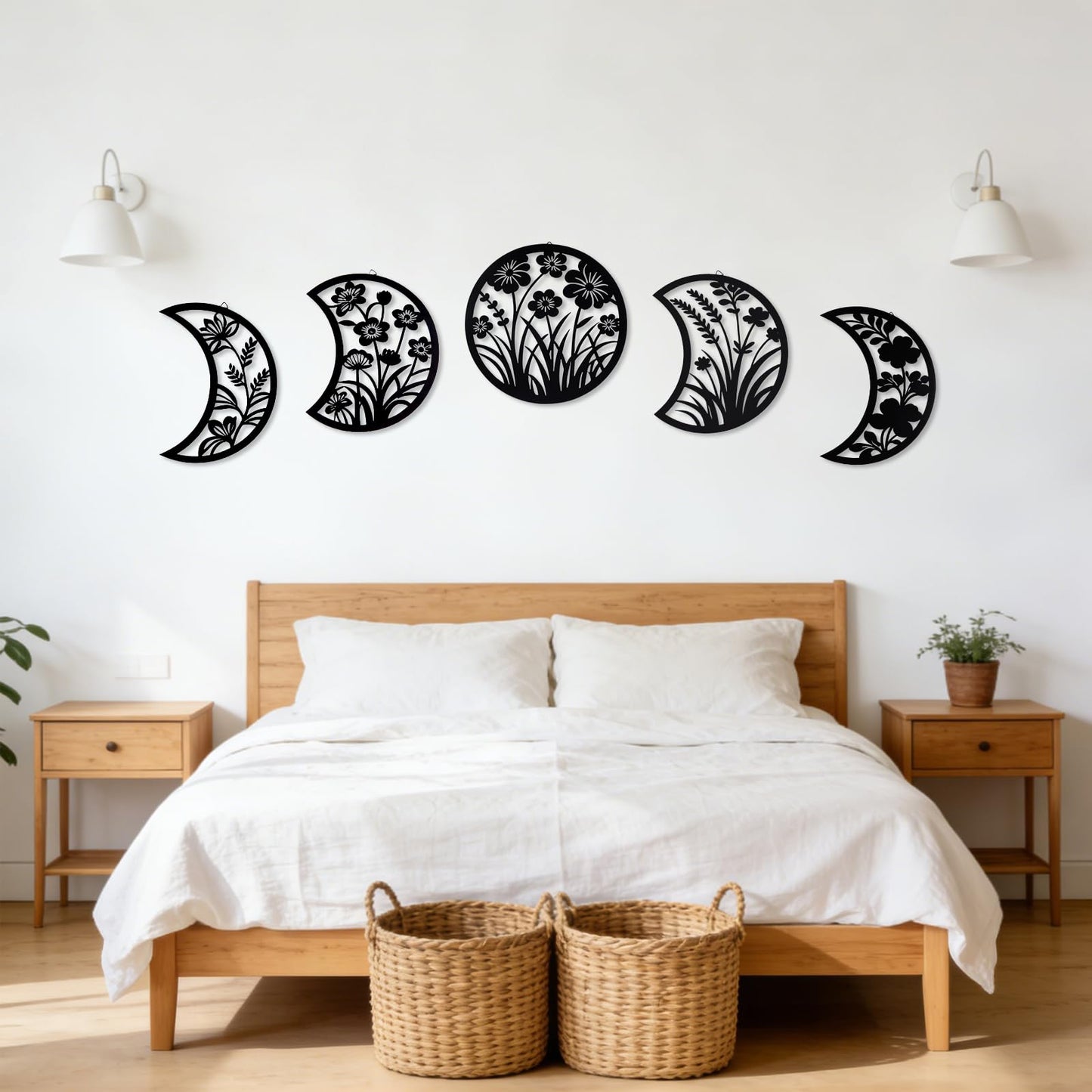 Larber 5PCS Black Metal Moon Phase Wall Hanging Decor 7.5–10 inch Moon Phase Wall Art with Floral & Herb Silhouettes Boho Lunar Aesthetic Art for Bedroom Gift Bathroom Restaurant Wall