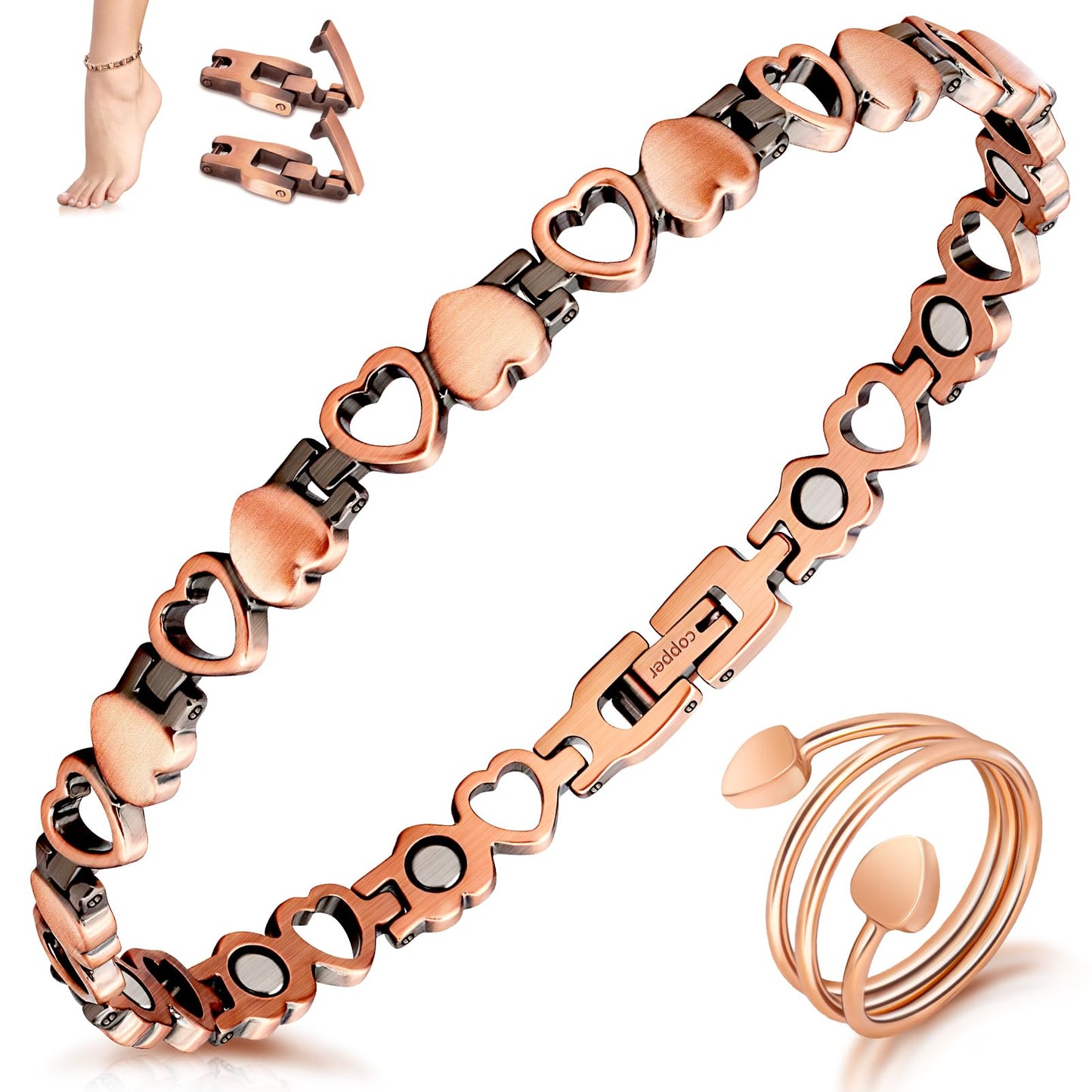 Copper Anklet for Women Magnetic Ankle & Lymphatic Drainage Ring with 3500 Gauss Magnets 100% Solid Pure Copper Jewelry Gift with Adjustment Tool(Heart Degisn)
