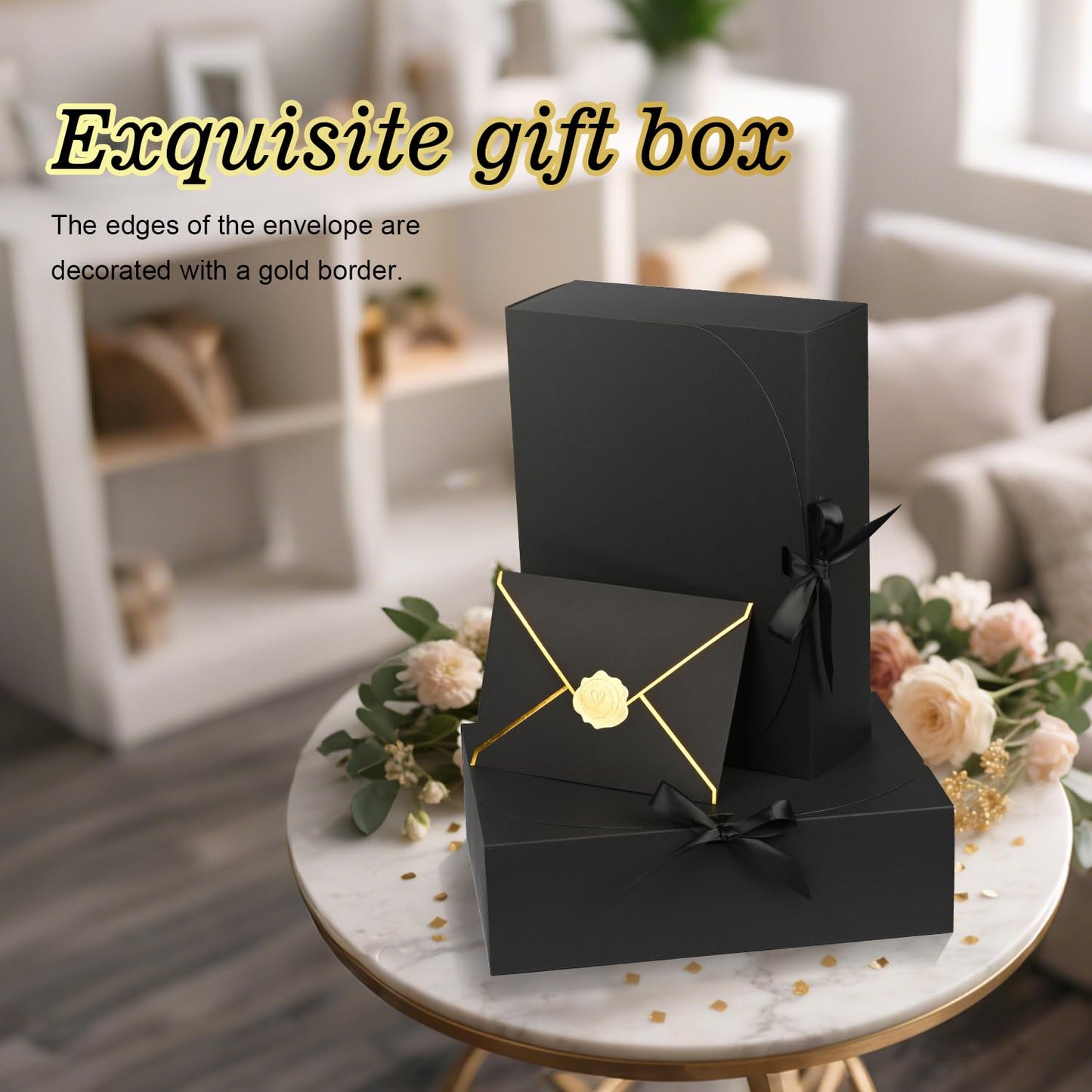 WLUSEAXI 10 Pack Black Gift Boxes with Lid, Bridesmaid Proposal Box with Cards and Envelopes Metal Pen Sticker for Groomsmen Proposal,Birthday,Wedding, Mother's Day 10.6×8×3.1 Inch