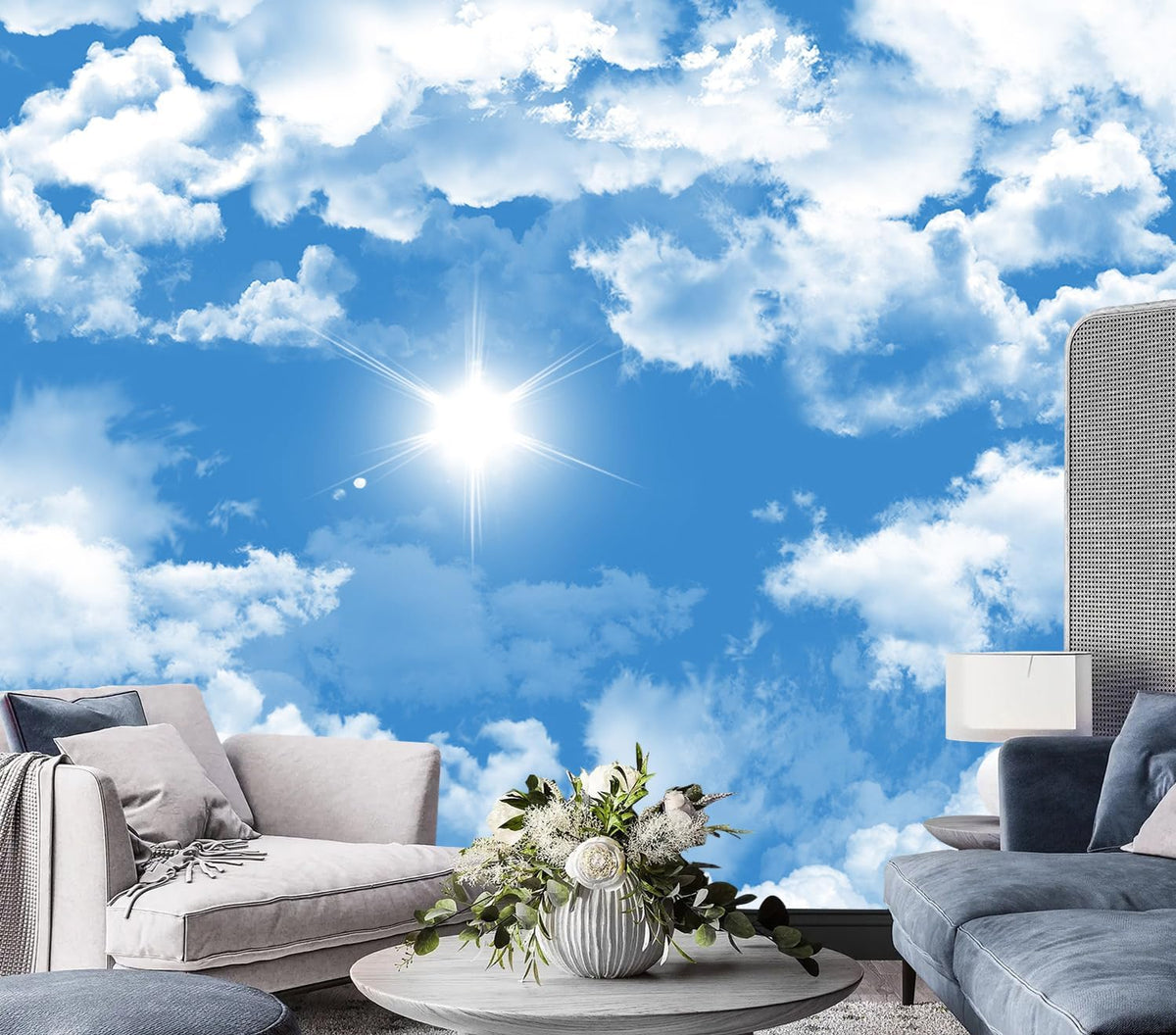 AFZEVEB-Ceiling Mural Blue Sky White Clouds Wallpaper for Living Room 114"x74"(Not Peel and Stick)