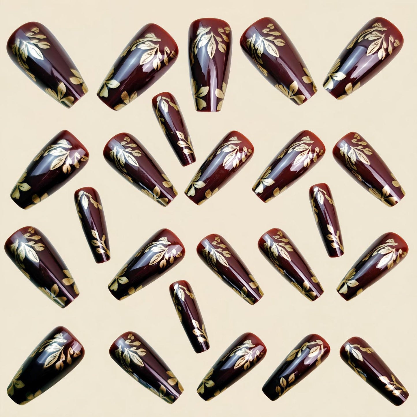 Fall Press on Nails Medium Coffin Fake Nails with Gold Leaves Designs Glossy Glue on Nails Brown Nails Press ons Autumn Acrylic Artificial Stick on Nails for Women 24Pcs