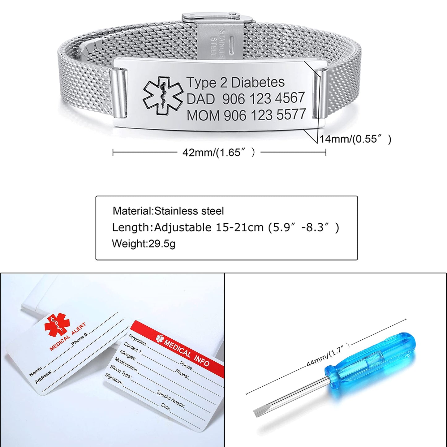 VNOX Medical Alert Bracelets for Men & Women with Free Engraving Adjustable Stainless Steel Mesh Emergency Medical ID Bracelets Wristband,Silver