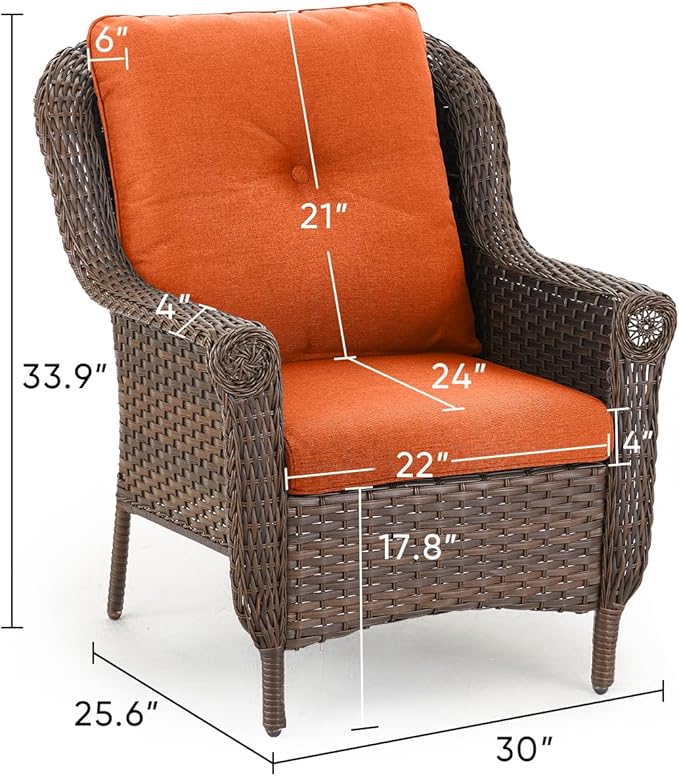 Patio Wicker Chairs Outdoor Furniture Chair - Set of 2 Outside All Weather Lawn Dining Brown Rattan Armchair with High Back&Deep Seating for Deck Porch Balcony Backyard Garden - Orange