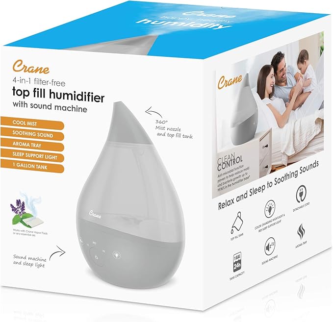 Crane 4-in-1 Drop 2.0 Ultrasonic Cool Mist Humidifier with Sound Machine, Night Light, Aroma Tray, 1 Gallon Top Fill, Grey 1 Gallon