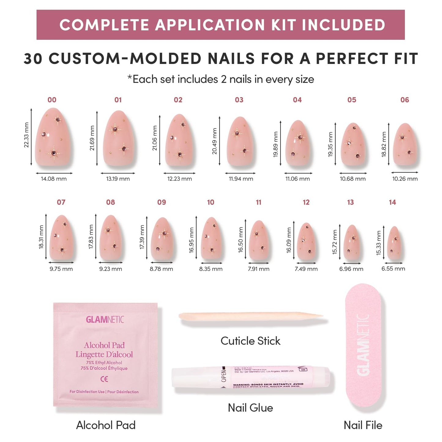 Glamnetic Press-On Nails Bundle - Pink Comet, Berry Fizz & Goal Digger | Pale Pink Short Almond Fake Nails with 3D Gems | Short Oval Magenta Nails with a Metallic Finish | Glossy, Semi-Transparent, Sh