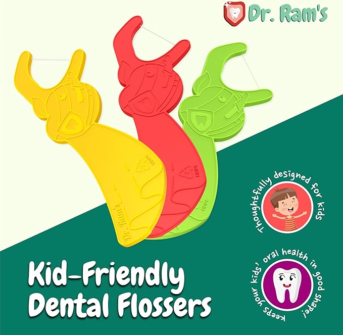 Dr. Ram's Fun Flexi Flossers for Kids - Anti-Ouch Shaped Kids Dental Floss with Puzzle and Game - Light Citrus Fruit Scent Kid Floss (75 Count)