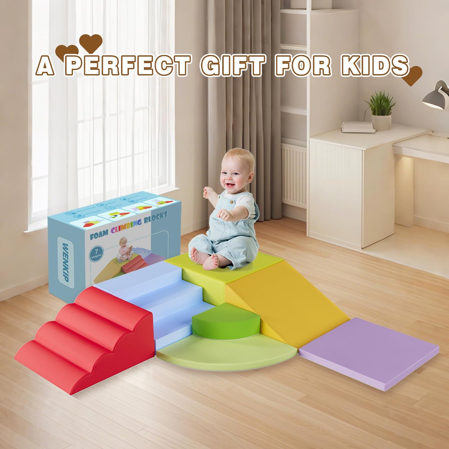 WENKIP 7-Piece Foam Climbing Blocks for Toddlers & Babies 1-5: Ultimate Indoor Play Toy Set with Soft PU Leather, Safe Crawling, Walking & Sensory Motor Skills Activity Blocks