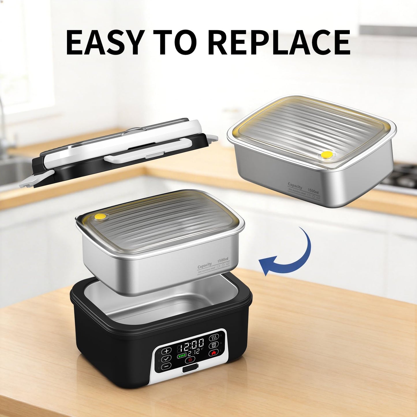 Drafin 1.5L 304 Stainless Steel Inner Container for Electric Lunch Box, Removable Replacement Tray, Easy to Clean, Eco Friendly and Dishwasher Safe