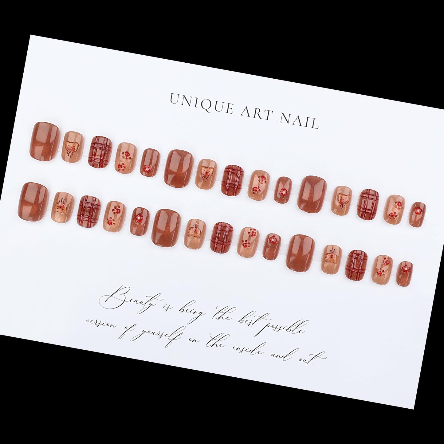plalely Square Press on Nails Short Brown Stick on Nail Tips Cute Bear and Flower Nails Press ons Press on False Nails for Women 24pcs