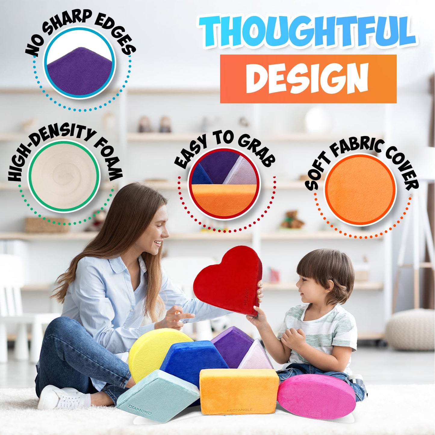 Plush Blocks - The Original Premium Plush Building Block & Shapes for Kids - Certified Safe Foam Blocks in Luxuriously Soft Fabric Covers (Classic Colors, Shapes)
