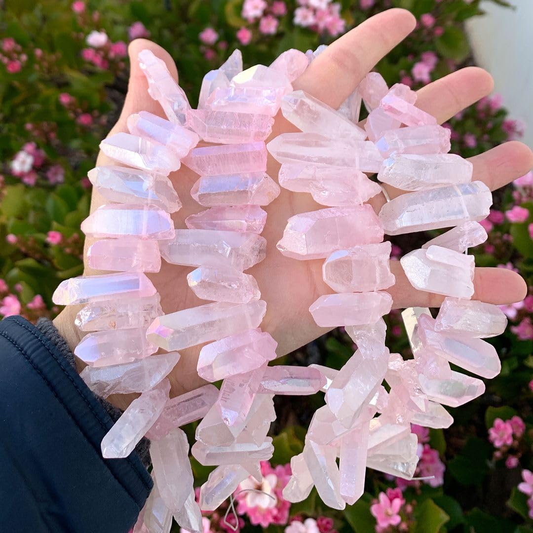 Adabele 15 Inch Natural Raw Healing Crystal Quartz Gemstone Loose Beads Large Drilled Point Rose Pink AB Titanium Coated Chakra Gem Stone Drop Stick GA-E8