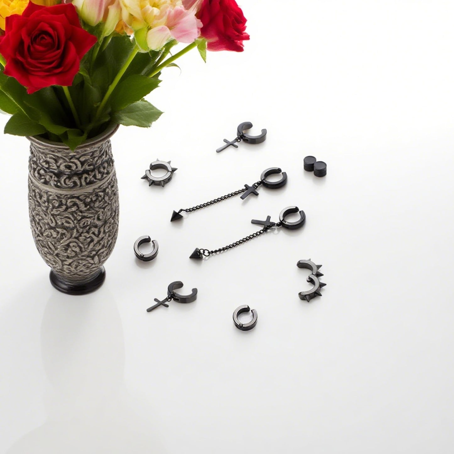5 Pairs Black Stainless Steel Non-Piercing Spike Rivet Cross Dangle Tassel Clip on Hoop Earrings Set for Women Men, Non Pierced Fake Ear Clip Stud Earrings (Black)