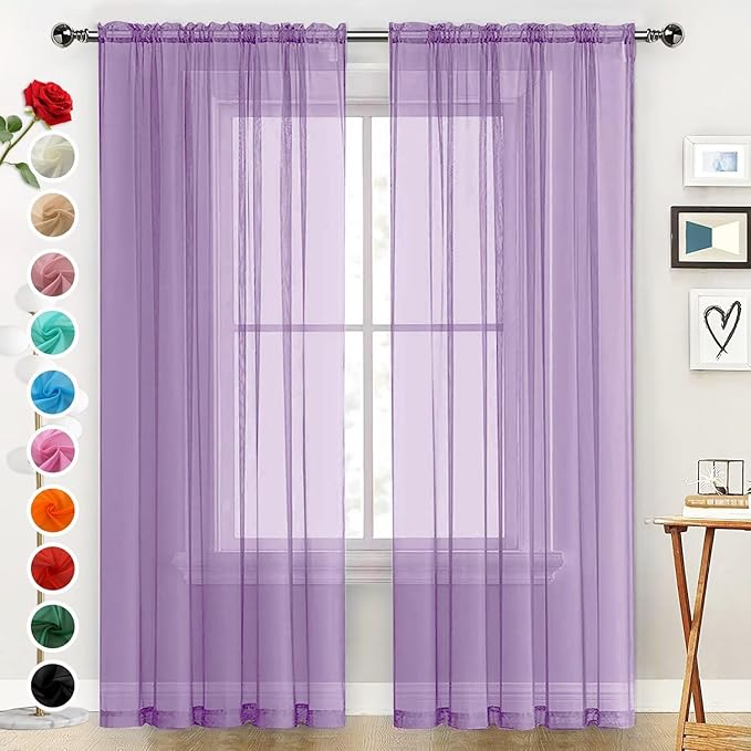SpaceDresser Sheer Voile Window Treatment Rod Pocket Curtain Panels for Kitchen Bedroom Living Room Drapes Sunlight Filtering Privacy Semi Home Decor Assorted (Lavender, 52 W x 84 L)