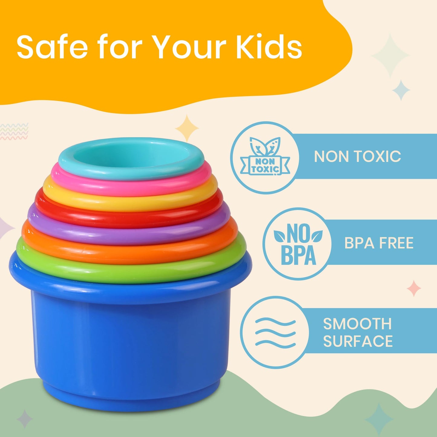 Stacking Cups Baby Toy Educational Cup Stacking Set 8-Pc Rainbow Stackable Cups | Nesting Cups for Babies 6-12 Months | Stacking Cups for Toddlers 1-3 Perfect for Indoor/Outdoor, Rainbow (8Pcs)