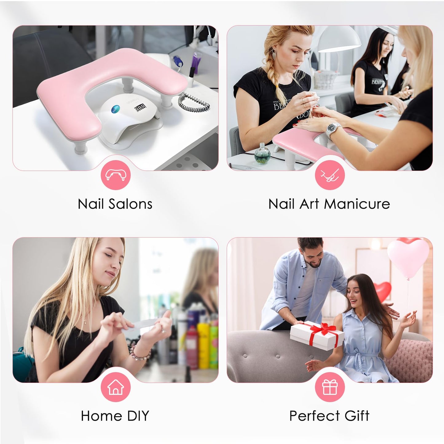 Big Arm Rest for Nails Tech: 2nd Generation U-Shaped Manicure Nail Arm Rest Stand Height Adjustable Armrest Microfiber PU Leather Hand Rest Pillow for Acrylic Nails (Pink)