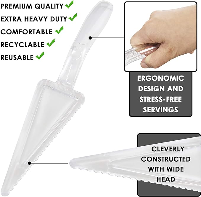 Fit Meal Prep 6 Pack 10 Inch Plastic Pie Server - Clear Disposable Cake Servers & Cutter Utensil, Heavy Duty Spatula for Serving Platter, Cutting Dessert, Pizza Pastry Slicer, Kitchen Knife