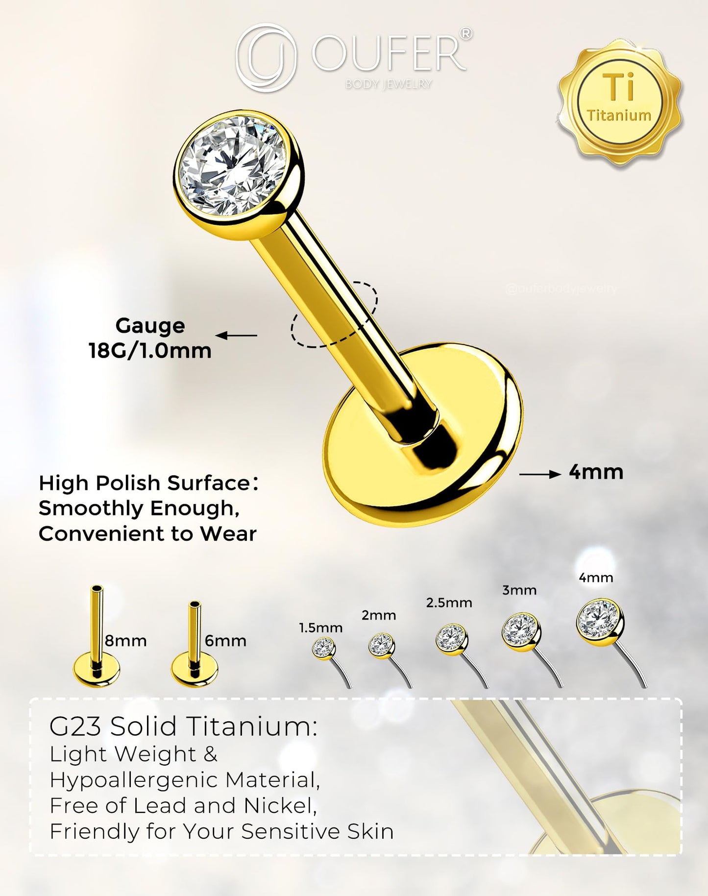 OUFER 2Pcs Nose Studs, 18G G23 Solid Titanium Threadless Nose Earrings Flat Back Tiny CZ 2MM Gold Nose Helix Cartilage Piercing Jewelry for Women Men-6MM