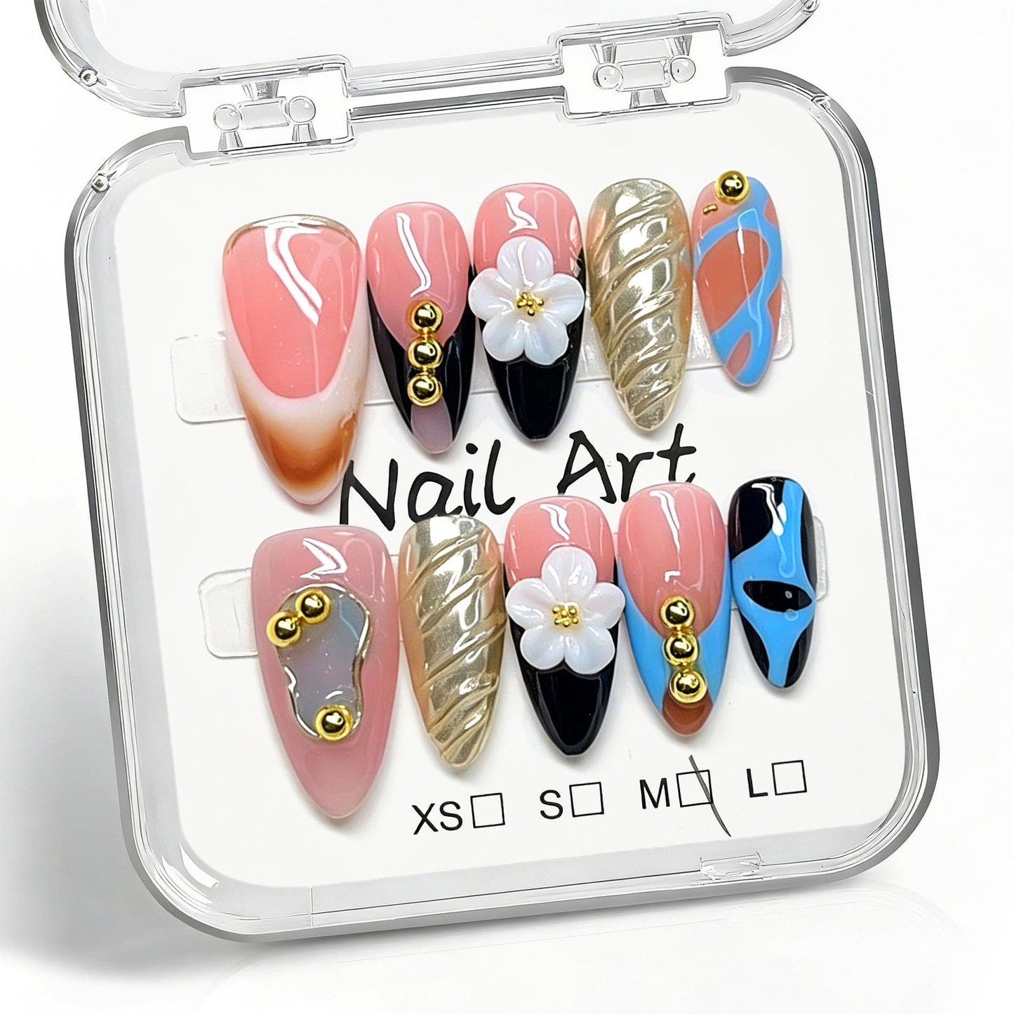 10 Pcs Handmade Press on Nails Medium Almond Fake Nails with White 3D Flower Curves Design Black French Tip Acrylic False Nails Medium Almond Press Ons Nails Pink M Size for Women