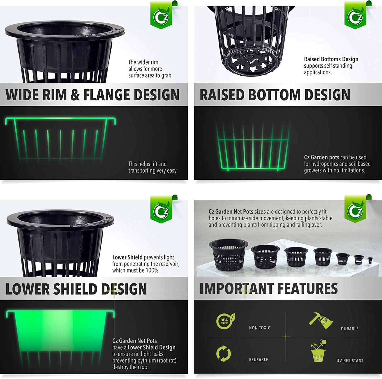 8 inch Net Pots Heavy Duty Round Cups Wide Rim Design - Orchids • Aquaponics • Aquaculture • Hydroponics Slotted Mesh (Cz Garden All Star 5 Pack Black)