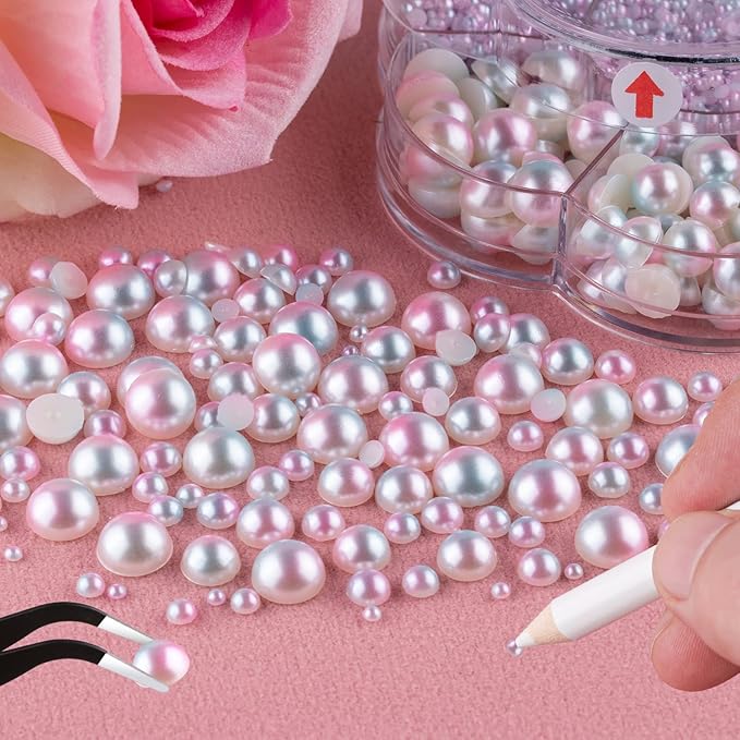 Nail Art Flat Back Half Round Pearl Kits 20, 1 Box of 6000 Pcs Flat-Back Pink Mermaid Pearl with Tweezer and Picker Pencil for Home DIY Nails Body Face Craft and Salon Use