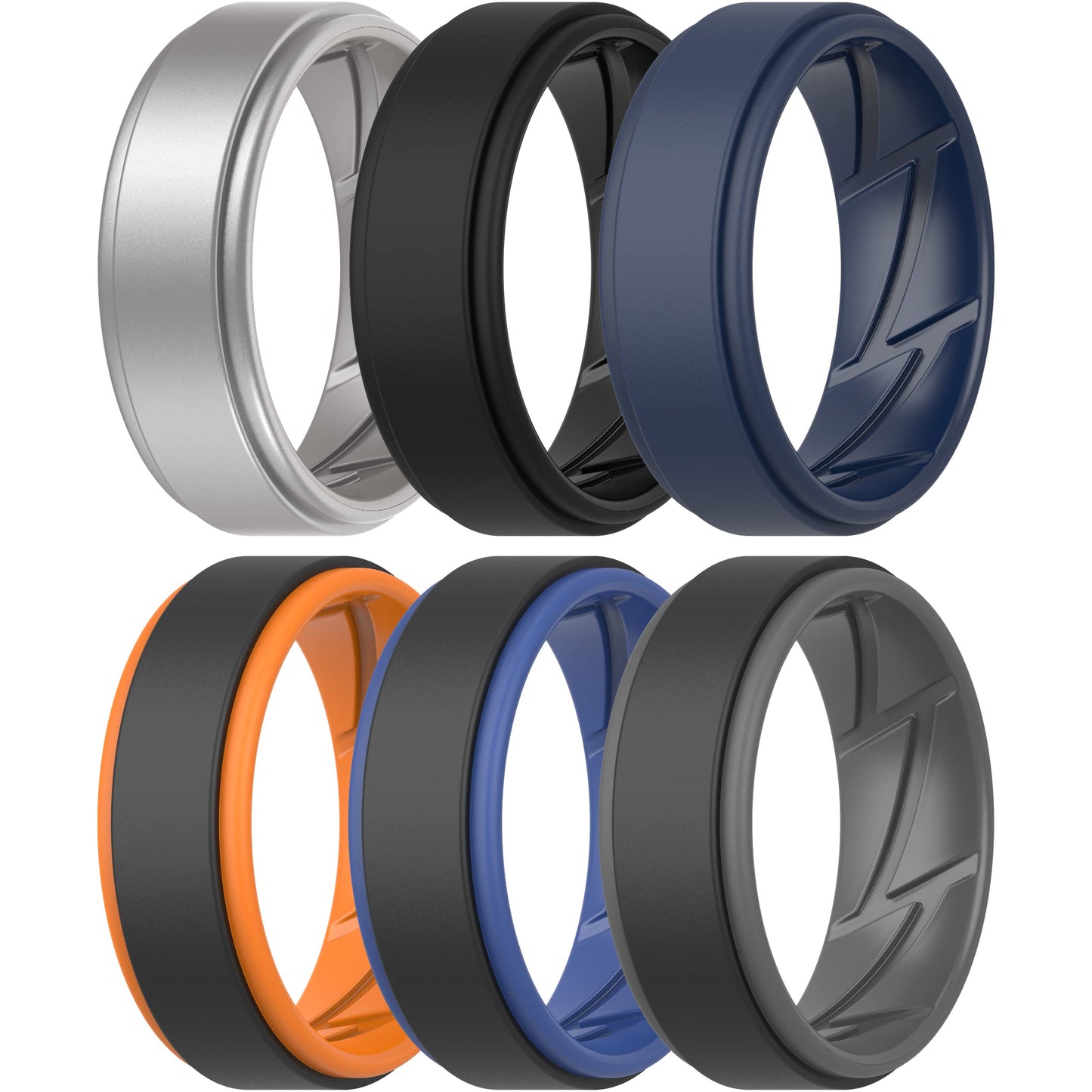 ThunderFit Silicone Wedding Rings for Men Breathable Airflow Inner Grooves, Step Edge Sleek Design Rubber Engagement Bands 8mm Wide 2mm Thick, Variety Multipack 1-7