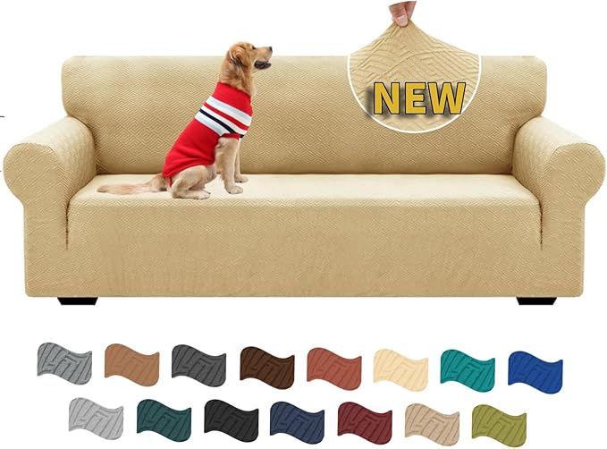 XINEAGE 2026 New 1 Piece Couch Covers for 3 Cushion Couch (79"-91") Stretch Sofa Cover Slipcover Pet Friendly Soft Washable Furniture Protector with Elastic Bottom for Kids,Dog (Sofa, Beige)
