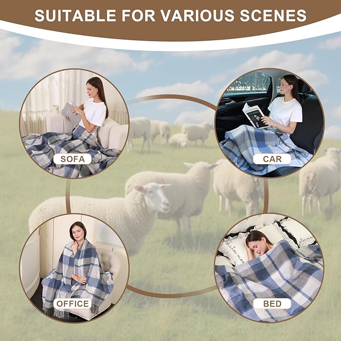 Throw Blanket Plaid with Carry Bag | Soft Wool Travel Blanket 55"x83" 1.5lbs | Blue Plaid Decorative Throw for Couch, Camping & Gift