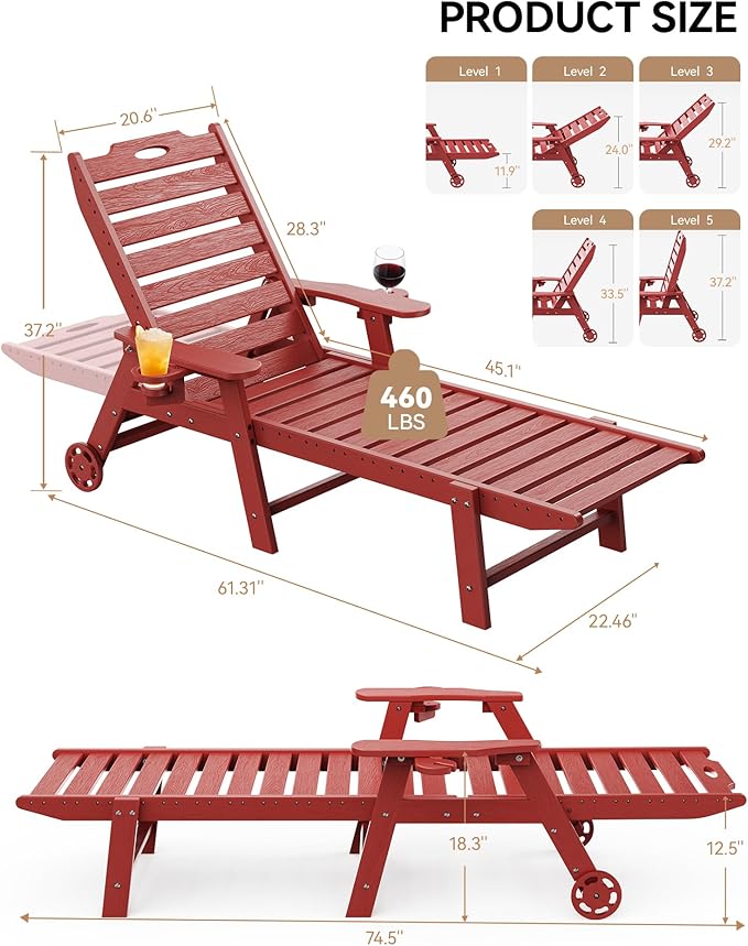 Carauci Lounge Chair Outdoor Set of 4, HDPE Chaise Lounge with Wheels, 5-Position Adjustable Backrest & 2 Cup Holders Patio Lounge Chair, All-Weather Pool Sun Lounger for Poolside, Backyard, Red