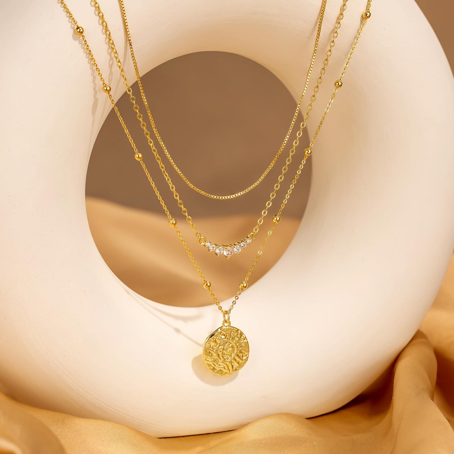 CHESKY 14K Gold Plated Layered Necklaces for Women,Dainty Stackable CZ Bar Disc Pendant Necklace Adjustable Layering Beads Box Chain Choker Necklace Gifts