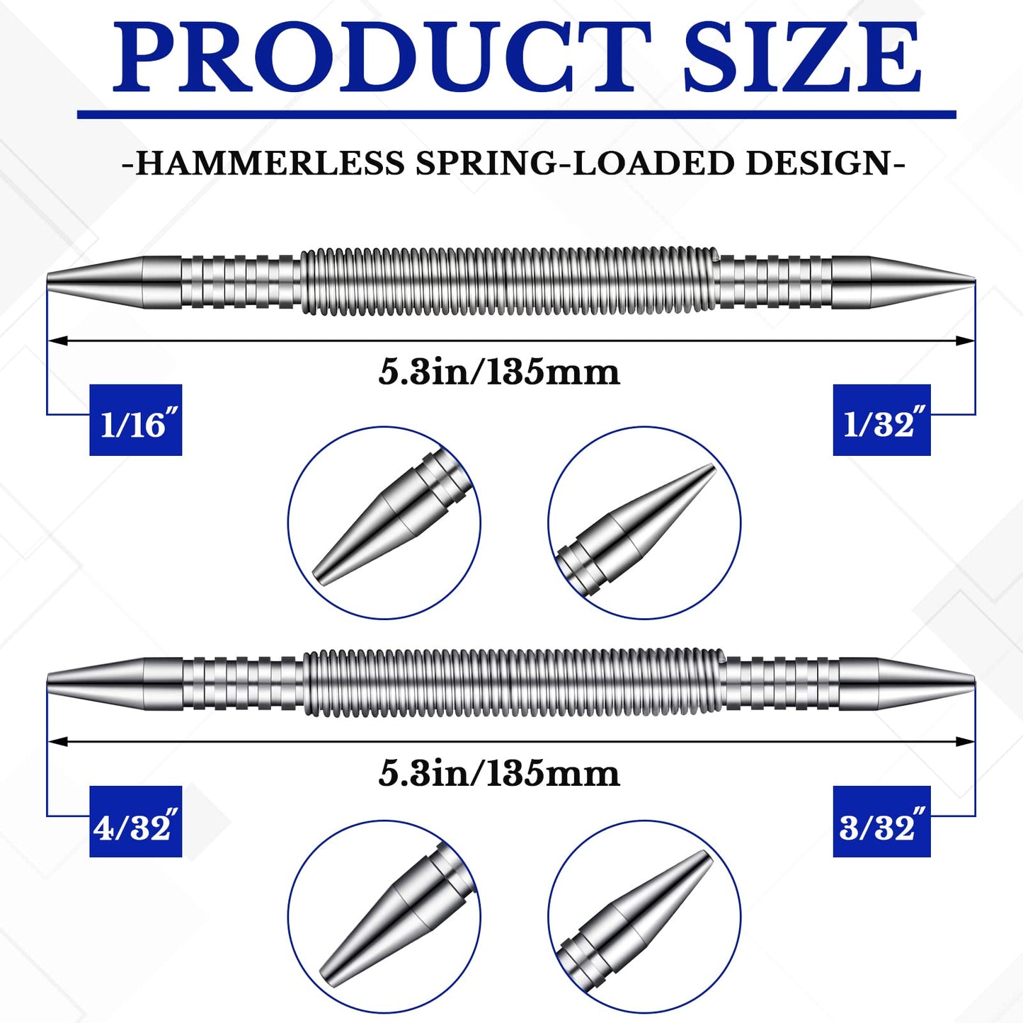 Moxweyeni 2 Pieces Spring Loaded Nail Set Spring Nail Punch Hammerless Trim Combination Tool Kit 1/32, 2/32, 3/32, 4/32 Inch Tools for Carpentry 3500 Psi of Impact Striking Force