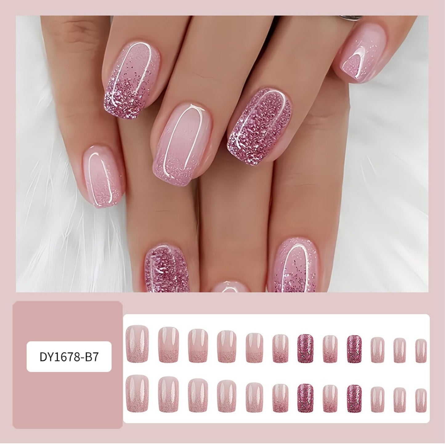 French Tip Press on Nails Short Square Purple Glitter Ombre Fake Nails Press ons Glossy Acrylic Glitter Gradient Glue-on Nails for Women 24 Pcs