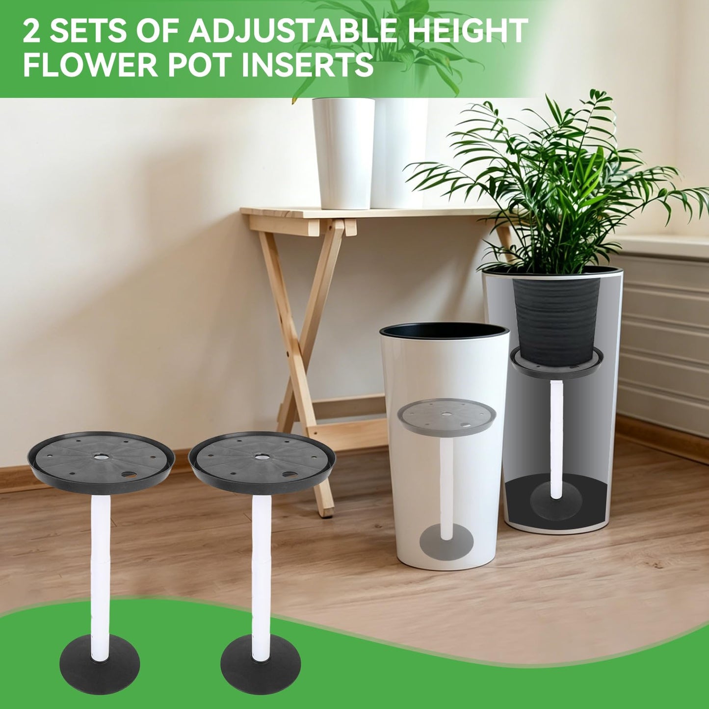 Gsycle 2 Sets Height Adjustable Riser for Plants, Plastic Planter Inserts Plant Pot Filler with Drainage Holes for Indoor Outdoor, Adjustable Pot Riser 11-17 inch for Large Container, Black