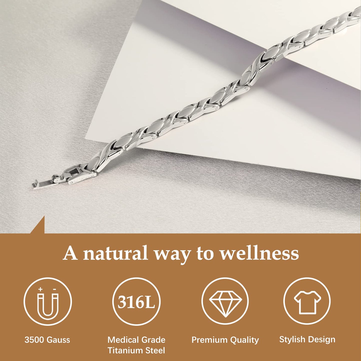 Feraco Magnetic Bracelet for Women Titanium Steel Magnetic Therapy Bracelet with Neodymium Magnets, Unique X Shape Links (Silver)