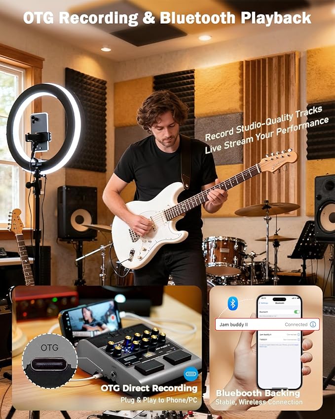 JOYO 10W Electric Guitar Combo Amp Multi-Effects Pedal Portable Amplifier with Footswitch,14 Amp Models,3-Band EQ,36 Drum Patterns & Looper,OTG Recording,Bluetooth for Practice(JAM Buddy II, Gray)