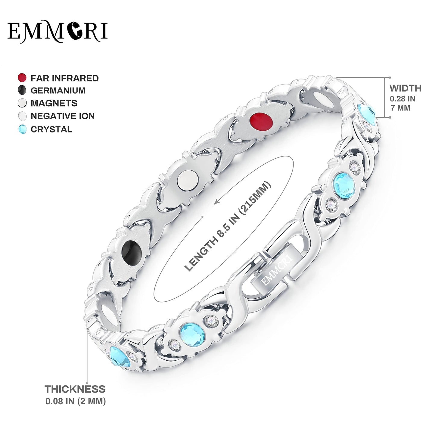 EMMORI Ultra Strength Magnetic Bracelet for Woman - 3,500 Gauss Per Magnet -Crystal Bracelet - Adjustable Length -Pulseras Magneticas (Silver Blue)