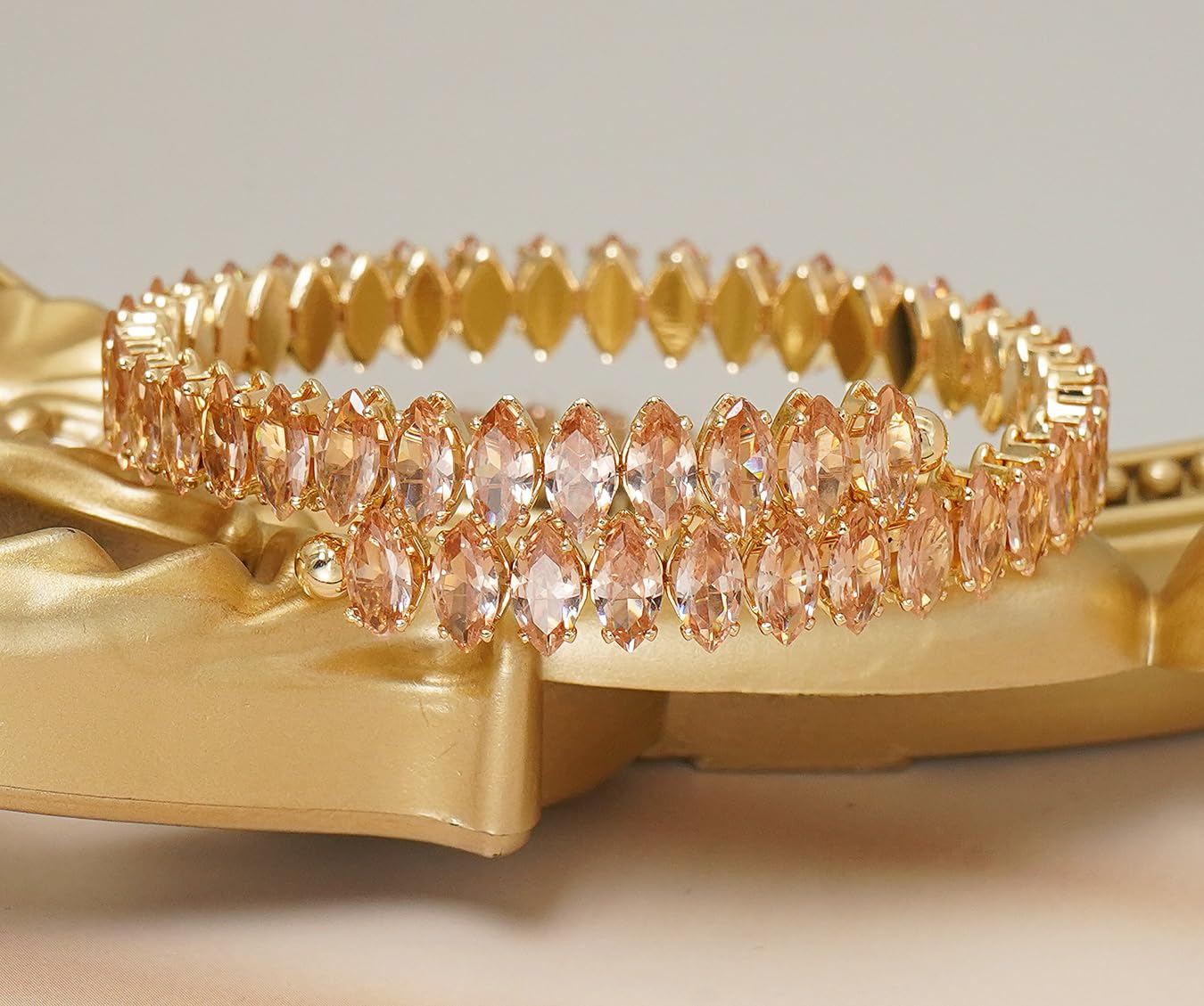 Wovanoo Rhinestone Cuff Bracelet Cubic Zirconia Tennis Bracelets Open Adjustable Bangle for Women Gold Champagne