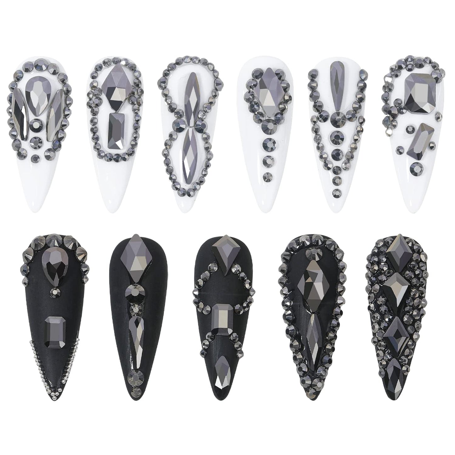 HNUIX Nail Rhinestones - 3D Multi Shape Size, Crystal Mineral Gray Nail Gems, Flat Back, with Kit, for Nail Art, DIY Decorations