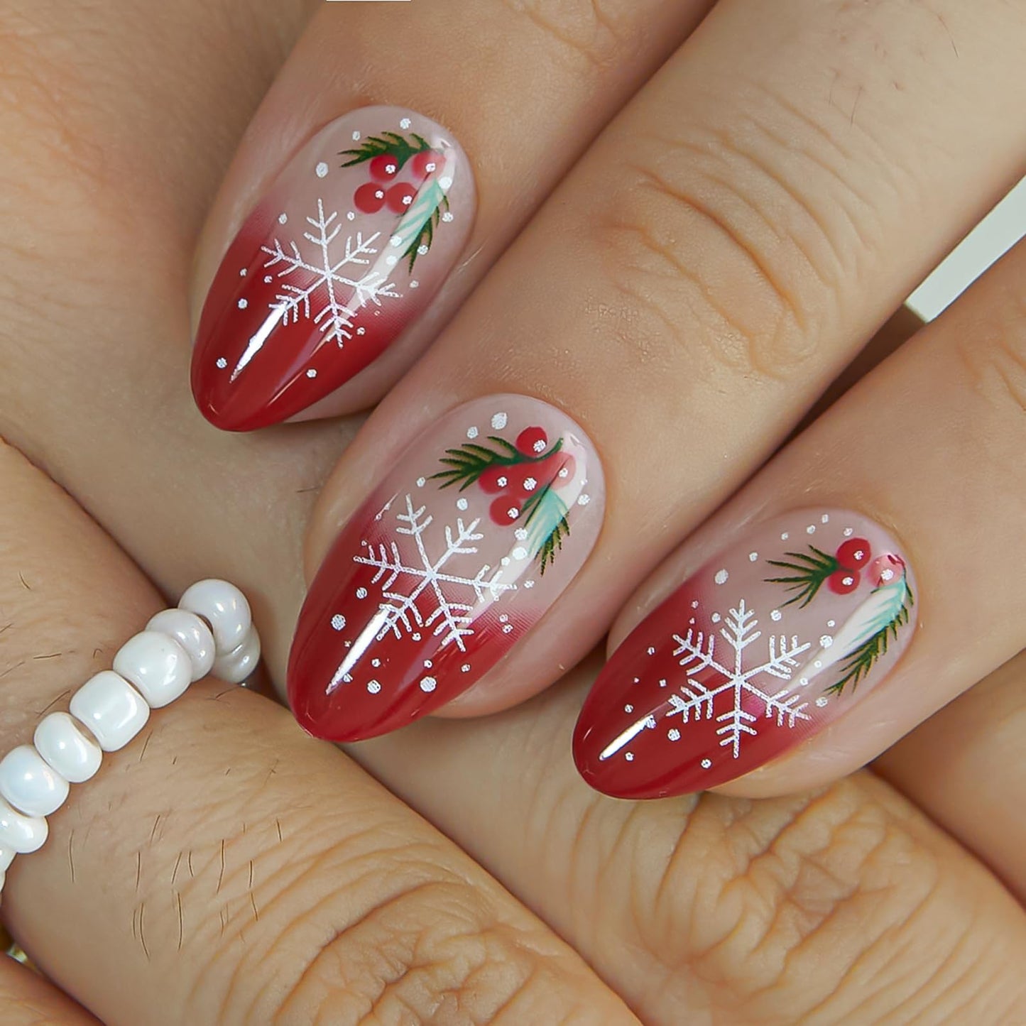 CurvLife Soft Gel Medium Press On Nails – Red French Christmas Snowflake Nails Reusable False Natural Fit Fake Nails Tips Stick Ons, Salon Quality UV Finish