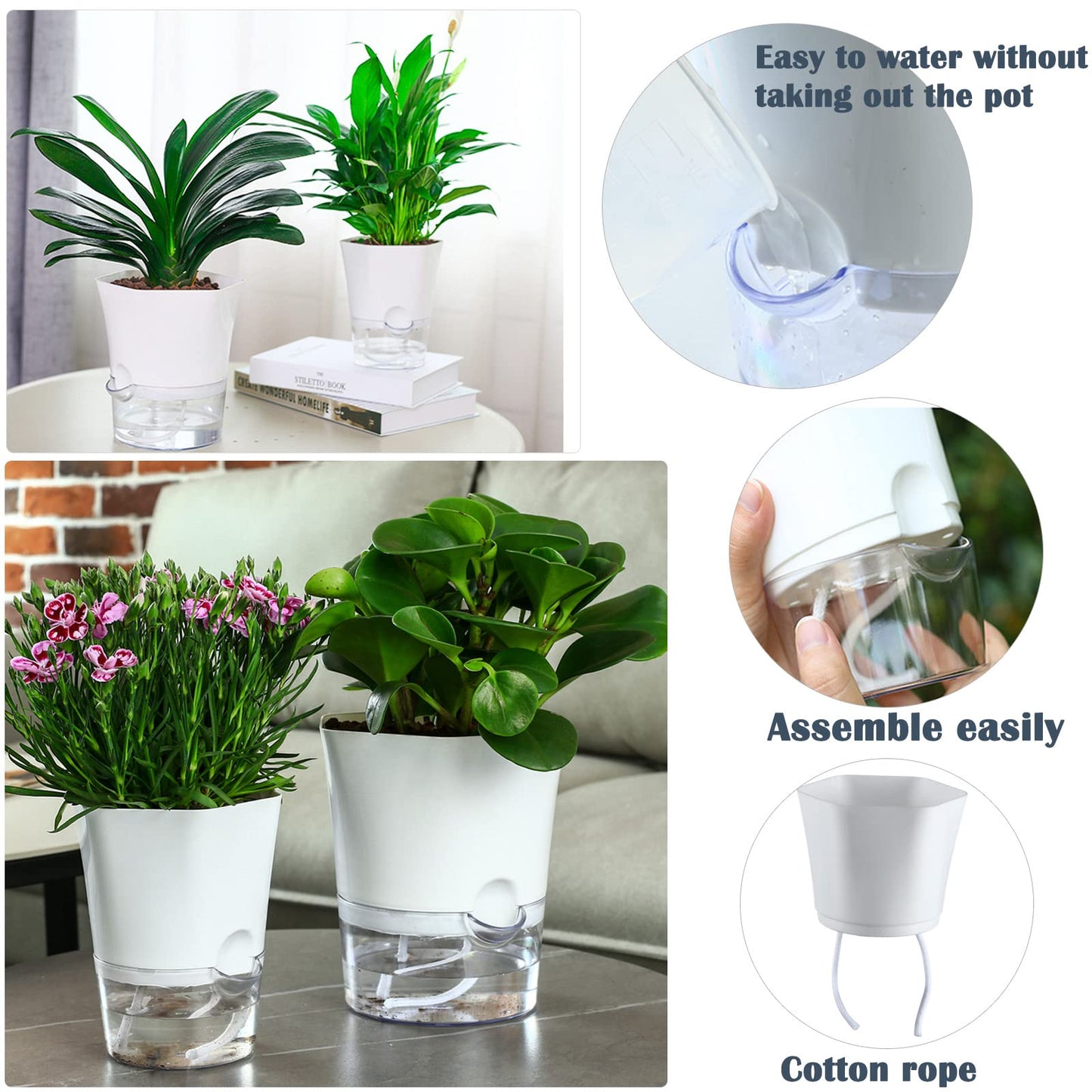 10-Pack 4.33" Clear Self Watering Pots for Indoor Plants Large Hexagon Self-Watering Planters Orchid Pots Plastic Wick Flower Plant Pots for African Violet, Spider, Herbs, Home Decor, White and Clear
