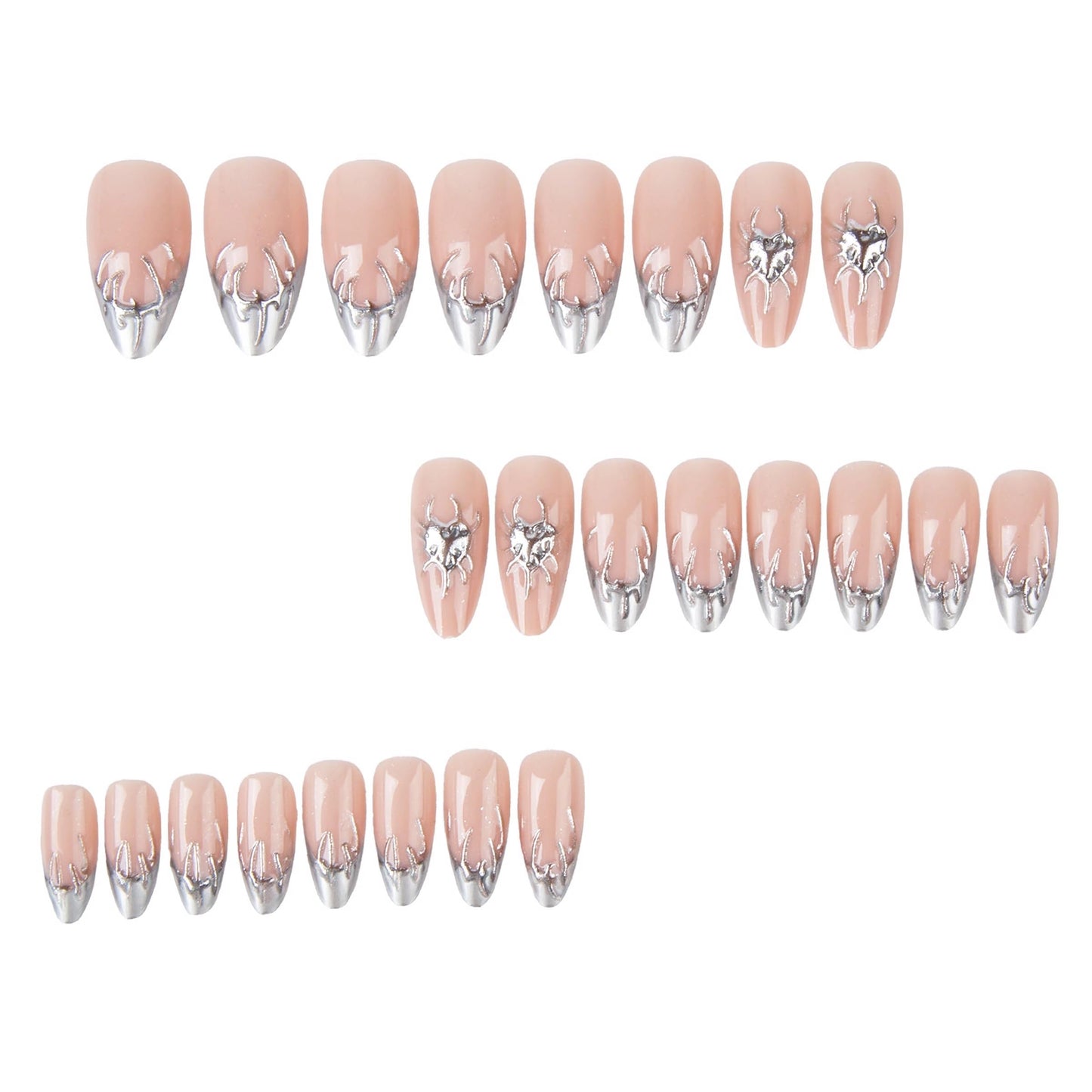 MERVF Press on Nails Almond Medium, Sliver Chrome French Tip Fake Nails Goth Heart Glue ons Acrylic Nail Y2K Design Manicure Glossy 24pcs