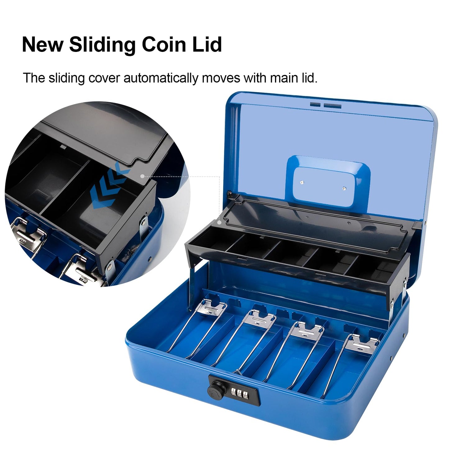 Jssmst Locking Metal Cash Box with Coin Lid, 11.8L x 9.5W x 3.5H Inches, Safe Money Box with Combination Lock, Blue, SM-CB0514BL
