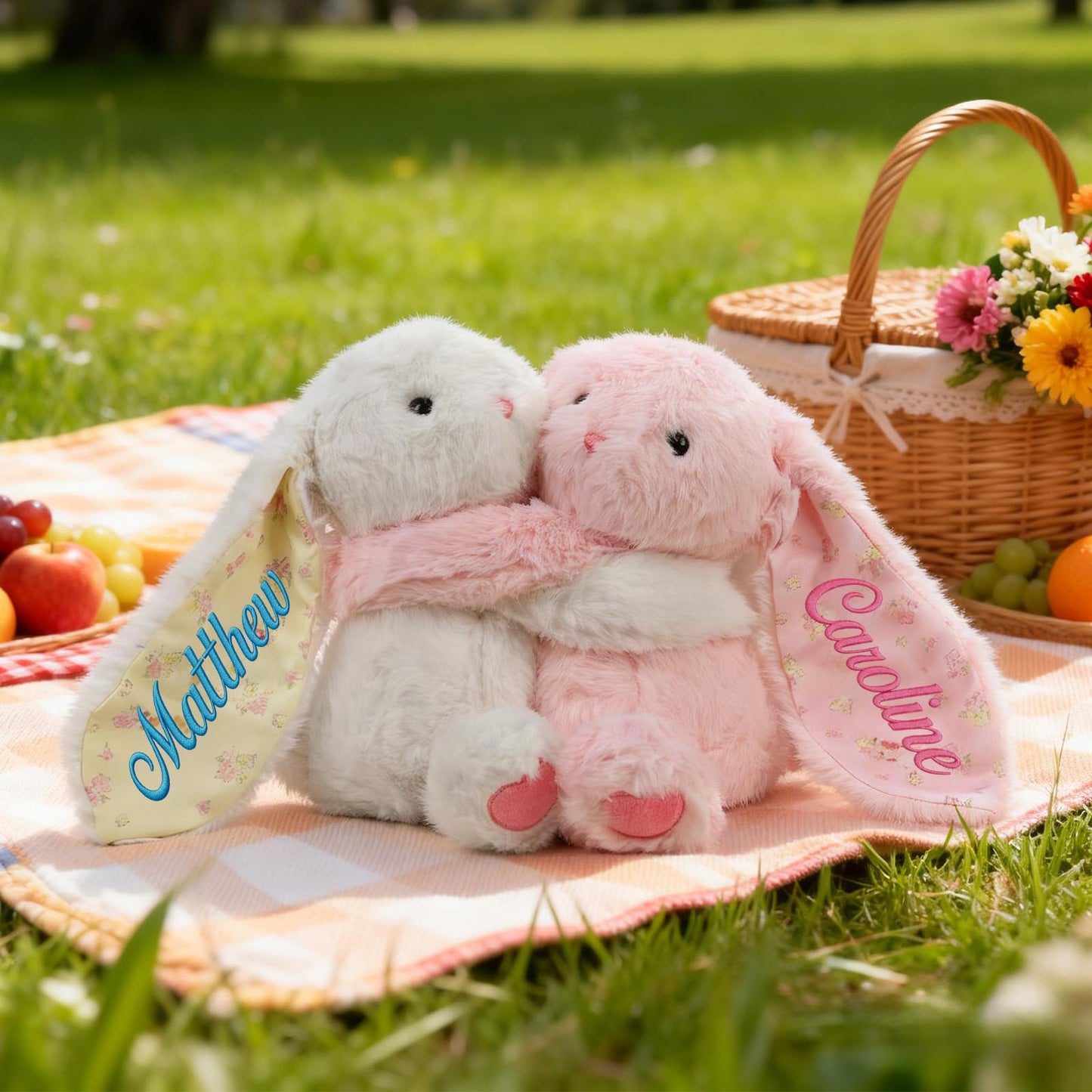 Evulum Personalized Hugging Plush Bunnies Set of 2, Valentines Day Gift for Couples, Custom Bunny Stuffed Animal with Embroidered Name/Date, Easter Gift for Kids